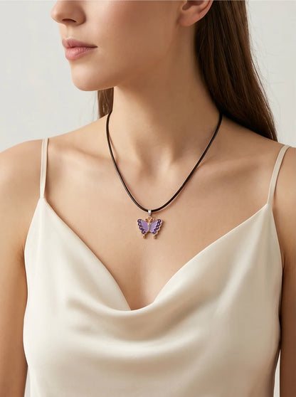 Purple Enamel Butterfly Pendant Necklace
