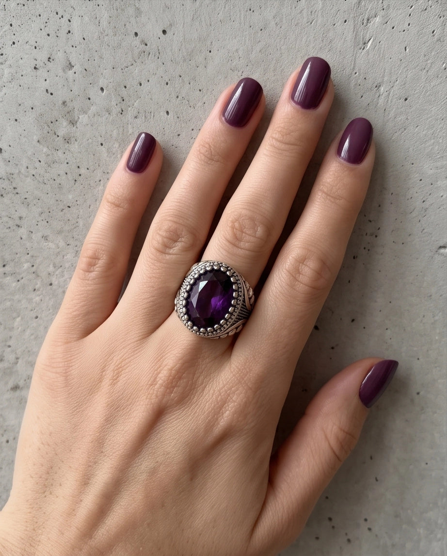 Amethyst Gemstone Beaded Bezel Filigree Silver Ring