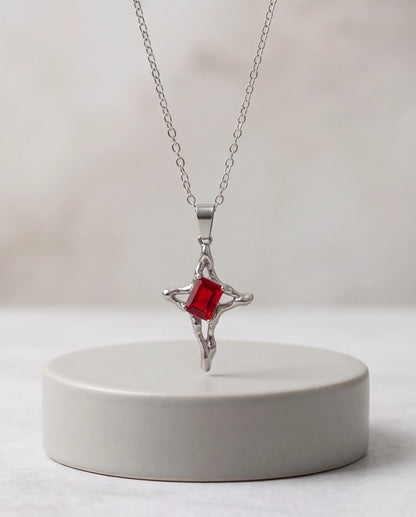 Silver Red Gemstone Gothic Cross Pendant Necklace
