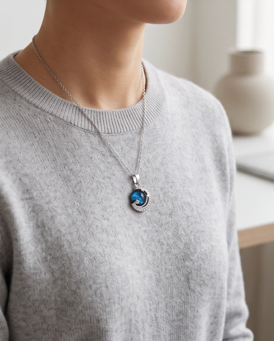 Silver Crystal Crescent Moon Cosmic Galaxy Orb Pendant Necklace