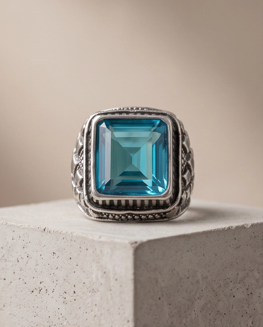 Radiant Cyan Princess-Cut Gemstone Ornate Bezel Silver Ring
