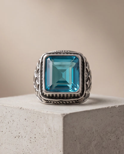 Radiant Cyan Princess-Cut Gemstone Ornate Bezel Silver Ring