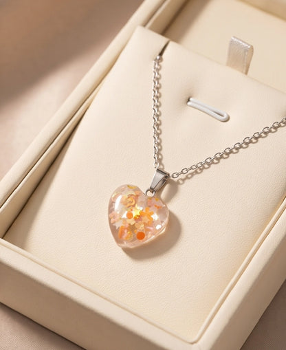 Silver Peach Orange Glitter Heart Resin Pendant Necklace