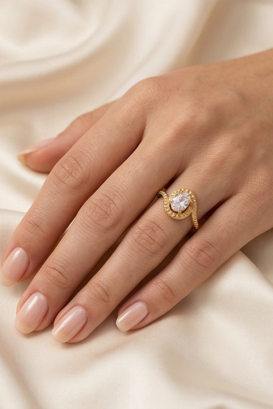 Luxury 14K Gold Oval Moissanite Swirl Beaded Ring