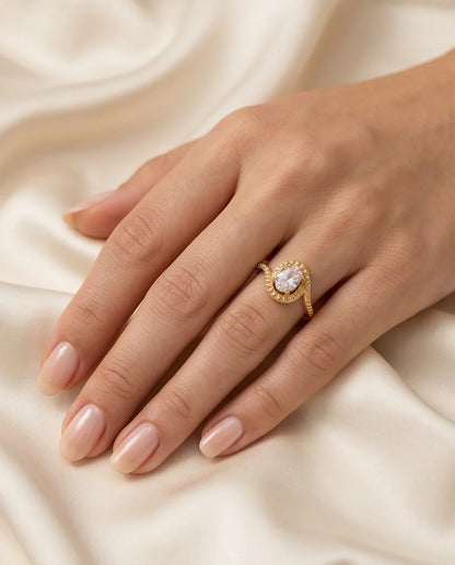 Luxury Gold Oval Moissanite Swirl Beaded Ring