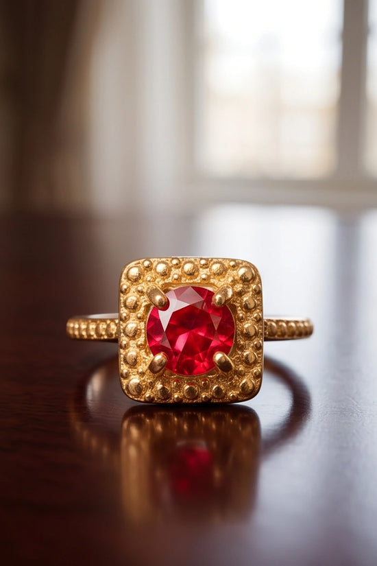 Vintage Gold Ruby Square Granulation Halo Ring