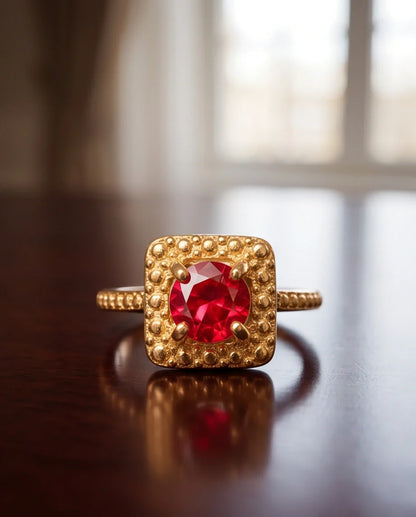 Vintage Gold Ruby Square Granulation Halo Ring
