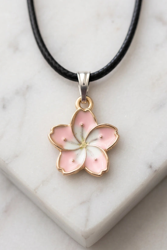 Blushing Cherry Blossom Enamel Pendant Necklace
