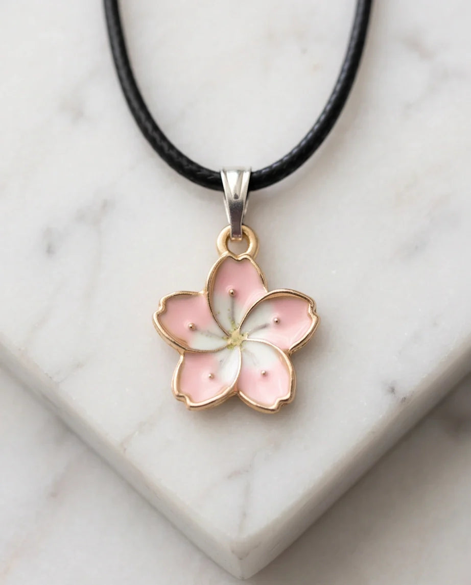 Blushing Cherry Blossom Enamel Pendant Necklace