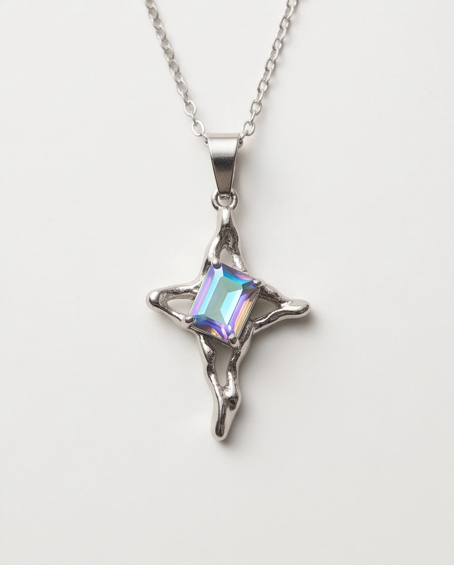 Silver Blue-Purple Gemstone Gothic Cross Pendant Necklace