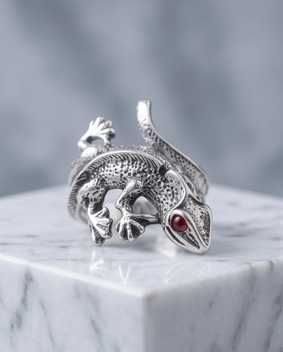 Ruby-Eyed Sculpted Lizard Wrap Ring