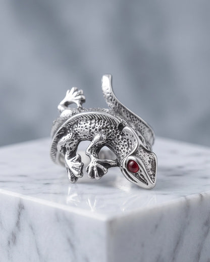 Ruby-Eyed Sculpted Lizard Wrap Ring