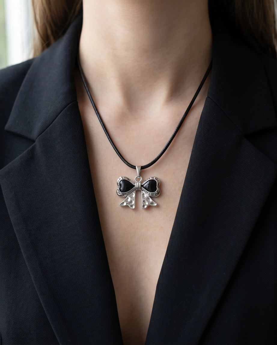 Black Enamel Ribbon Bow Pendant Necklace