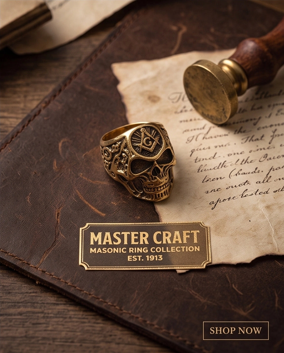 Masonic Square and Compass Anatomical Skull Gold Ring