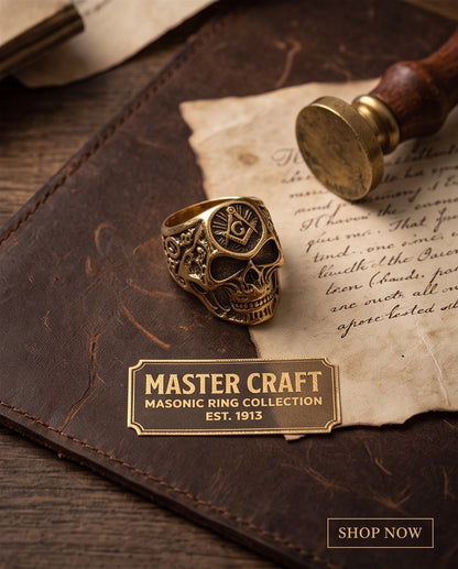 Masonic Square and Compass Anatomical Skull Gold Ring
