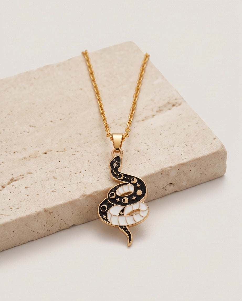 Gold Moon Phase Snake Enamel Pendant Necklace