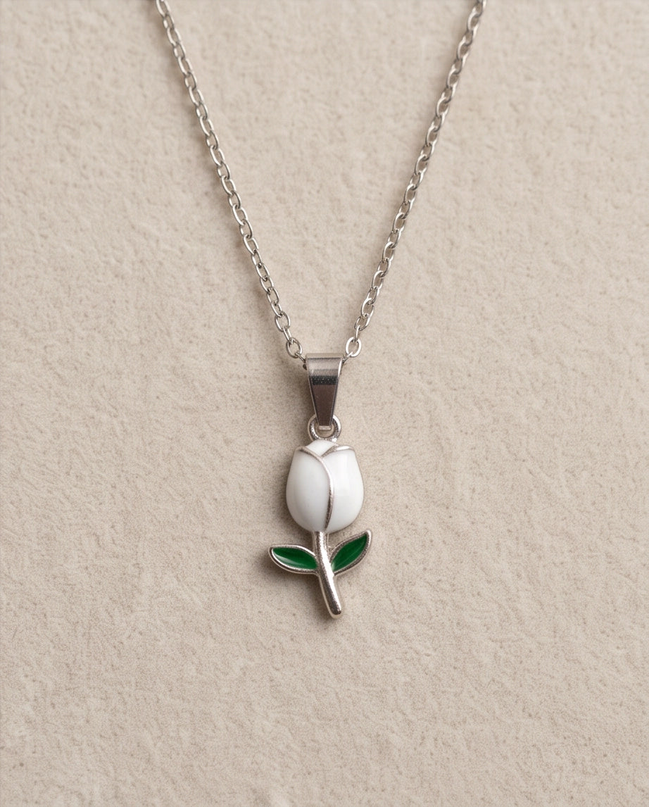 Silver White Enamel Tulip Pendant Necklace