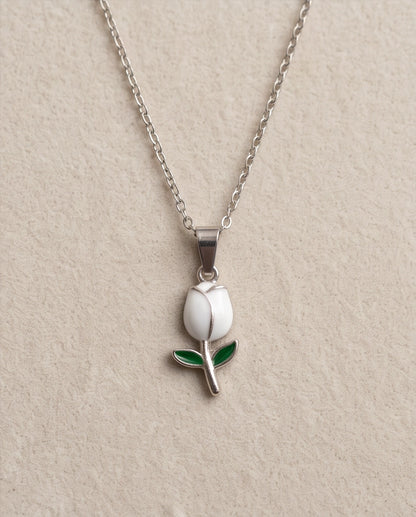 Silver White Enamel Tulip Pendant Necklace