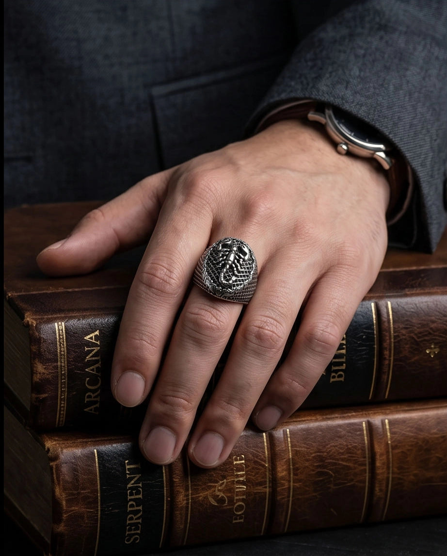 Oxidized Silver Sculpted Scorpion Mesh Ring