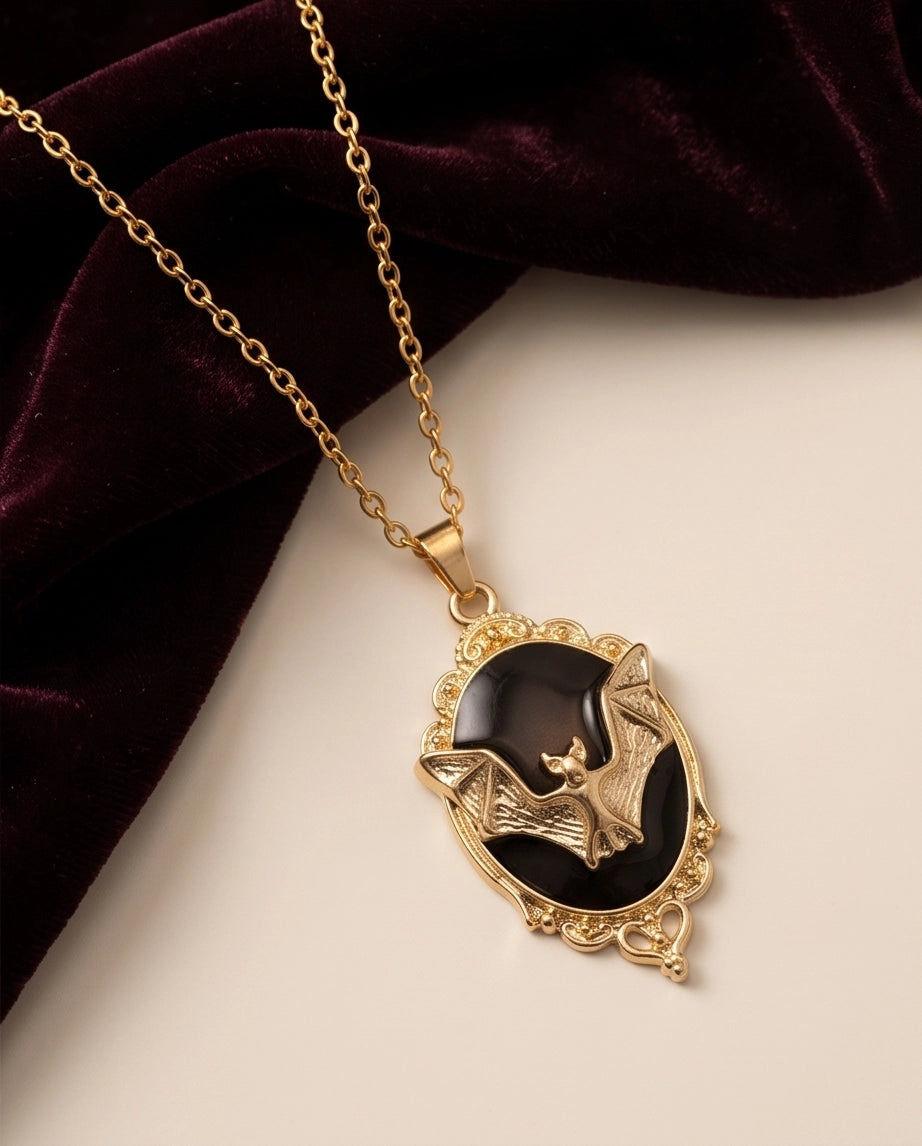 Gold Gothic Bat Black Enamel Medallion Chain Necklace