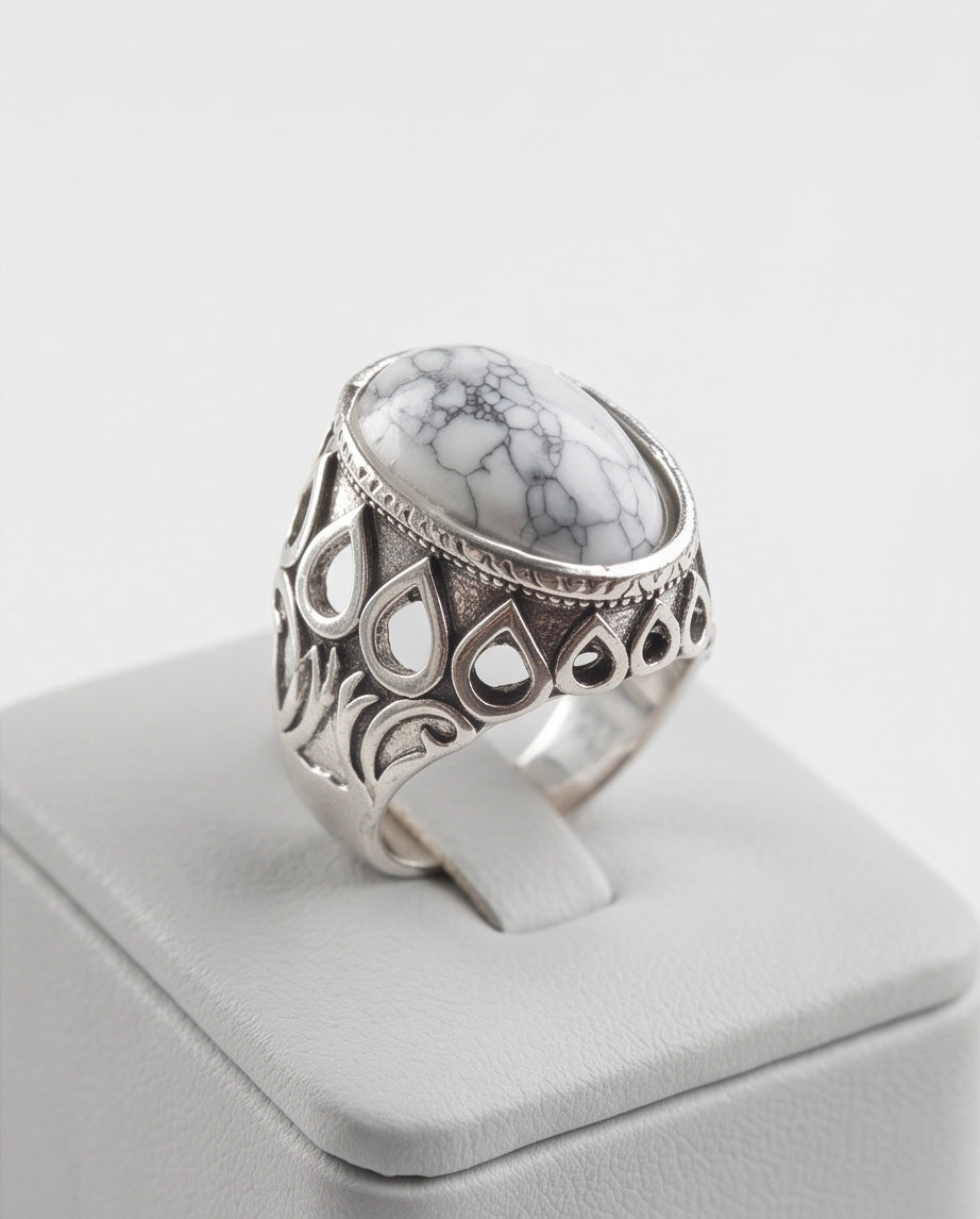 Howlite Cabochon Filigree Silver Ring