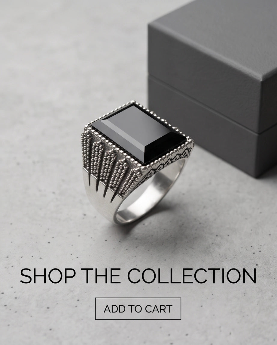 Onyx Gemstone Beaded Frame Emerald-Cut Fluted Stippled Silver Ring