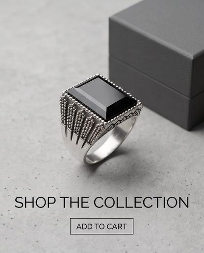 Onyx Gemstone Beaded Frame Emerald-Cut Fluted Stippled Silver Ring