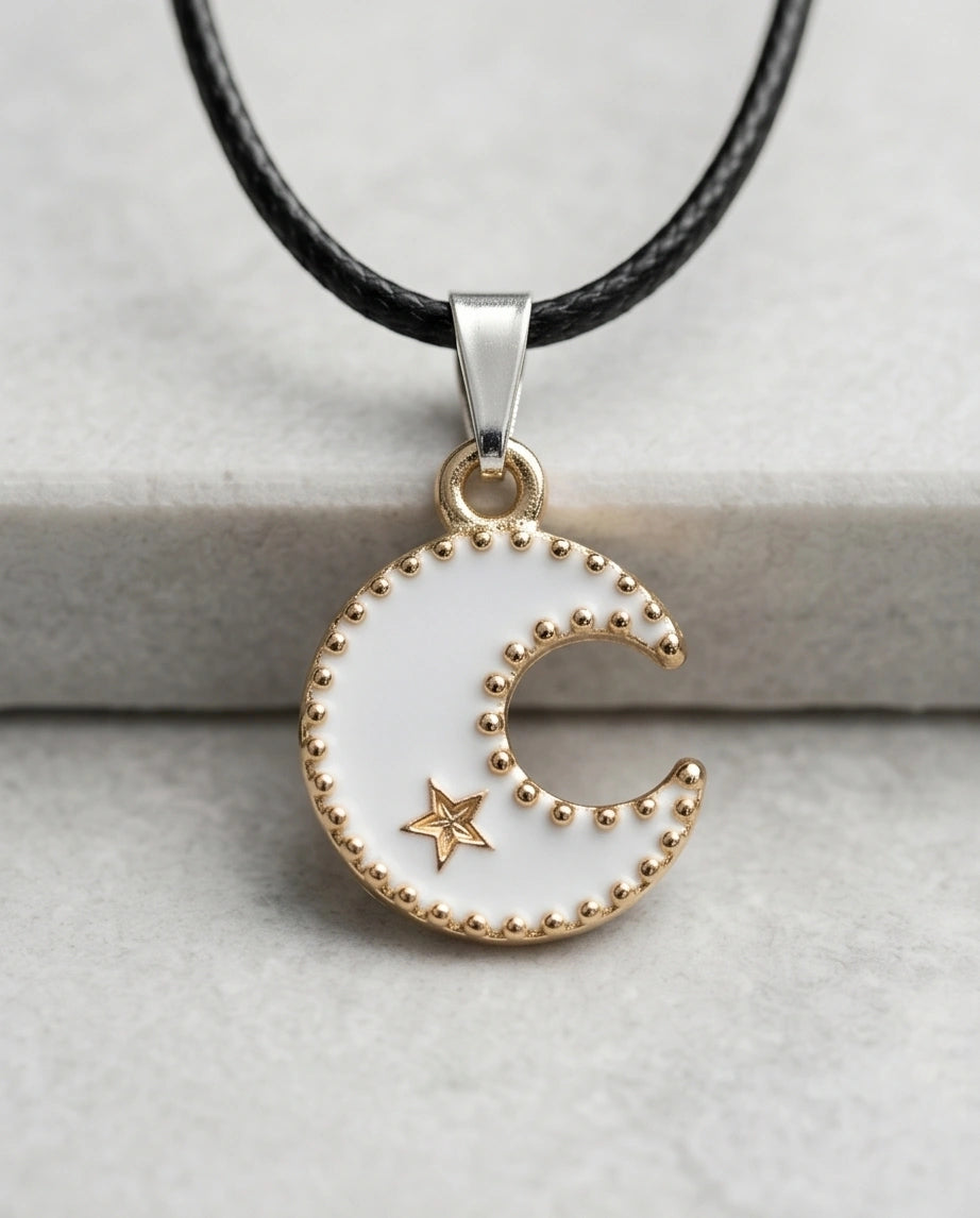 Gold and White Celestial Crescent Moon Necklace