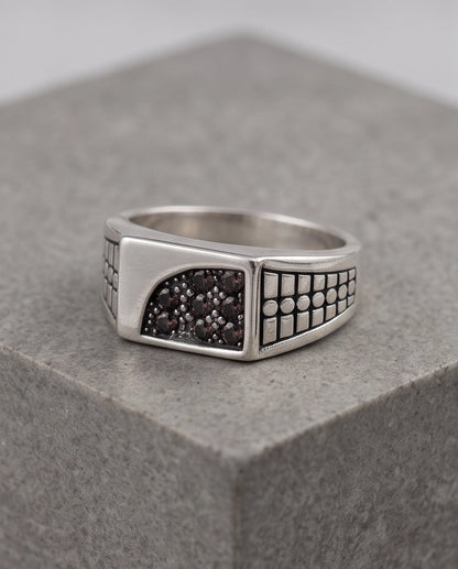 Garnet Micro-Pavé Geometric Segment Band Silver Ring