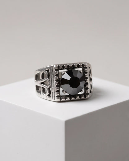 Brilliant Round Cut Faceted Black Sawtooth Filigree Scroll Silver Ring