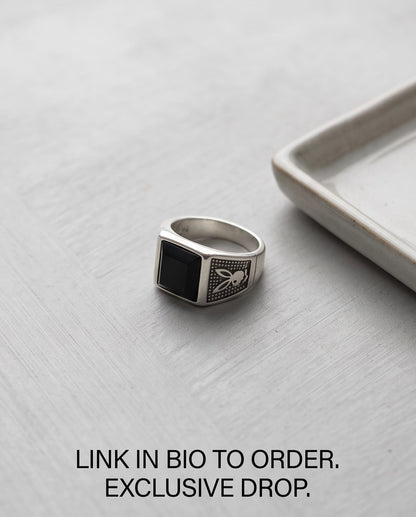 Pyramid Cut Onyx-Style Bunny Motif Stippled Silver Ring