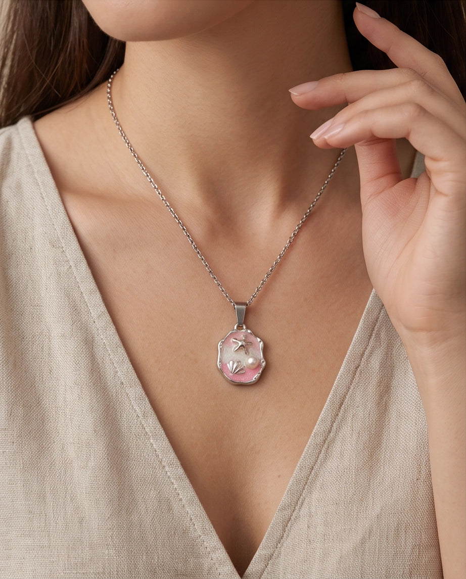 Silver Pink Seashell Starfish Pearl Enamel Medallion Chain Necklace