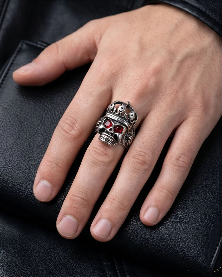 Ruby-Eyed Crowned Skull Ring