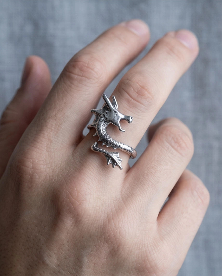 Polished Silver Sculpted Wyrm Dragon Wrap Ring