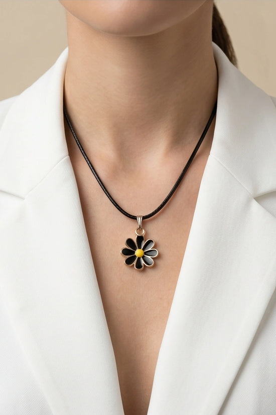 Gold and Black Daisy Pendant Necklace
