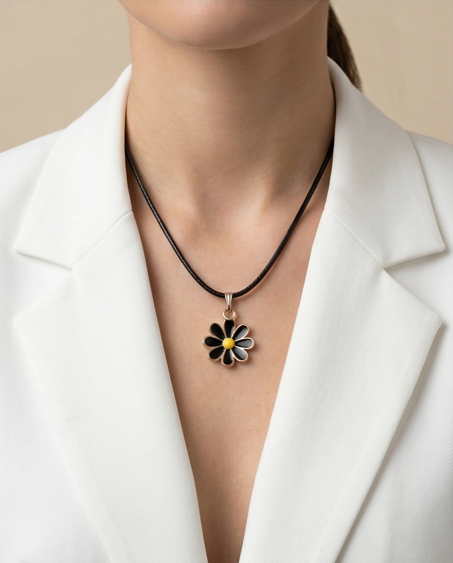 Gold and Black Daisy Pendant Necklace