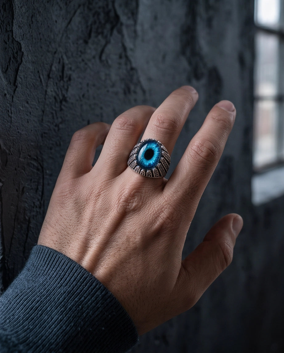 Cerulean Evil Eye Cabochon Architectural Bezel Silver Ring