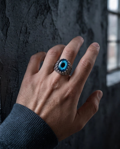 Cerulean Evil Eye Cabochon Architectural Bezel Silver Ring