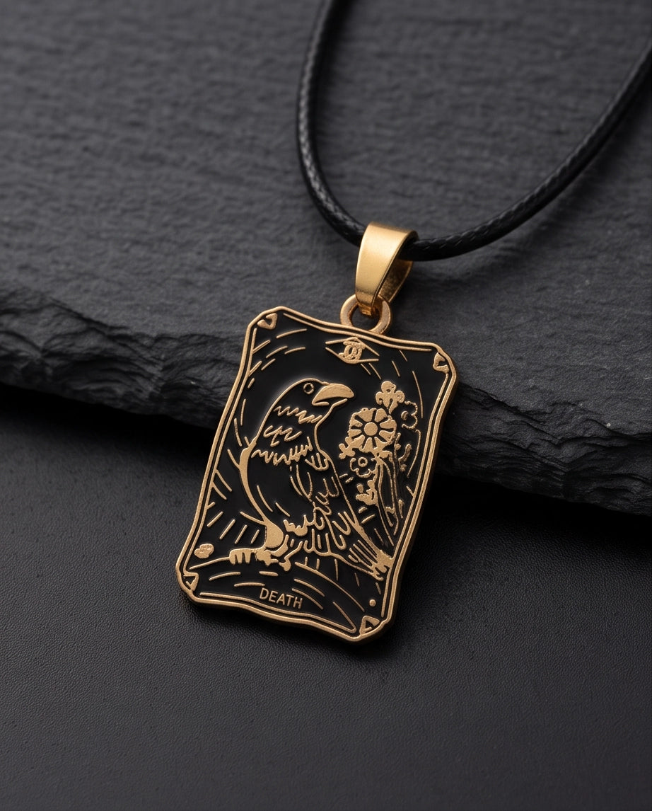 Gold "Death" Raven Tarot Card Pendant Necklace
