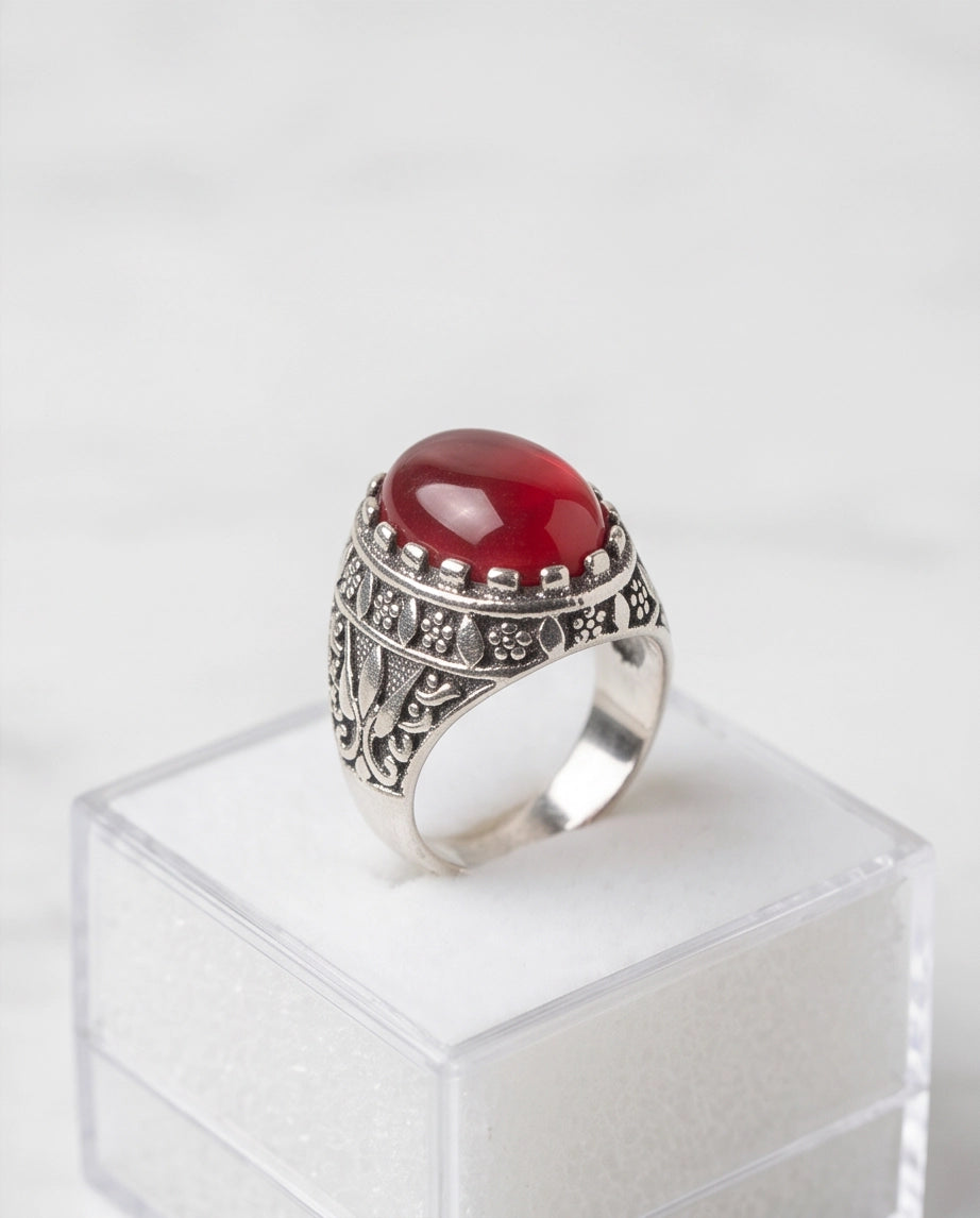 Crimson Red Oval Cabochon Ornate Leaf Scrollwork Silver Ring