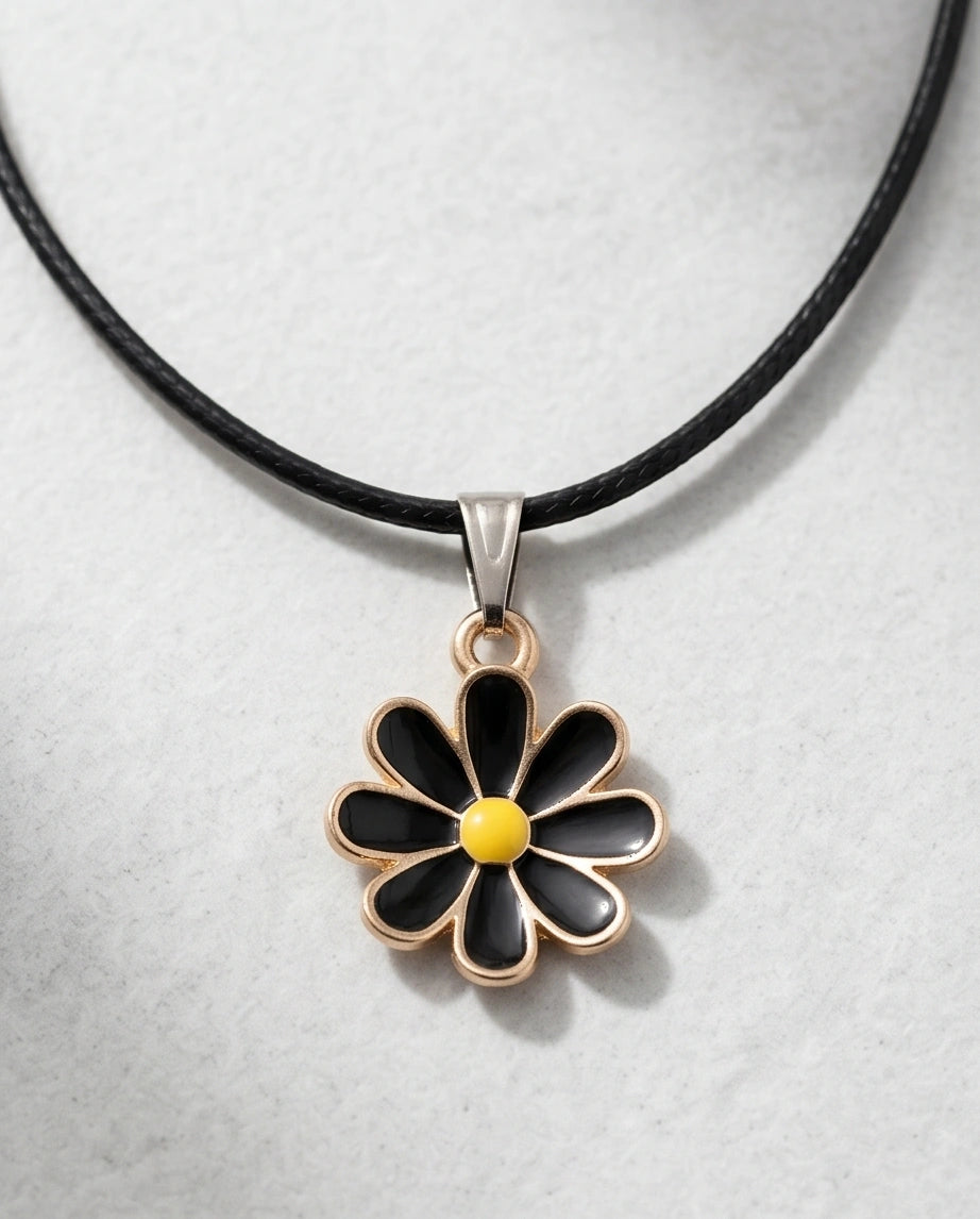 Gold and Black Daisy Pendant Necklace