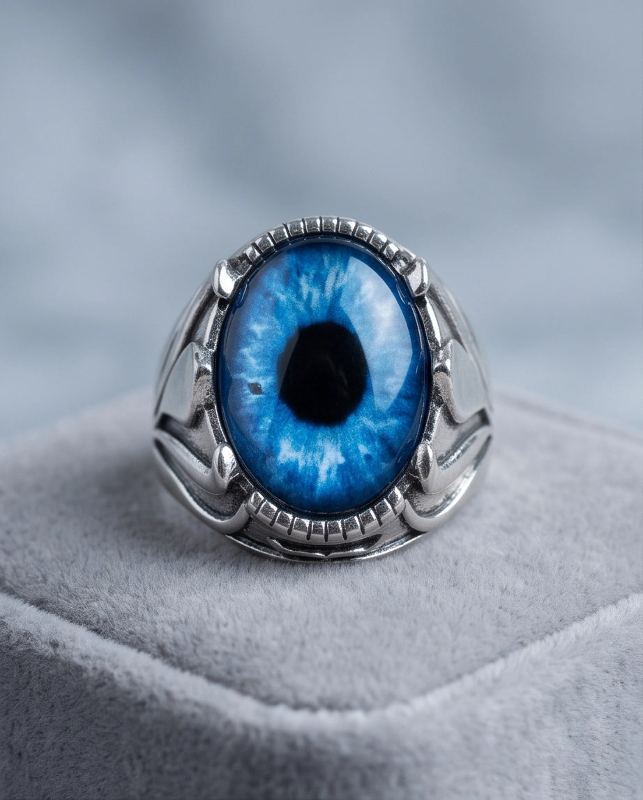 Sapphire Blue Evil Eye Cabochon Prong-Set Silver Ring