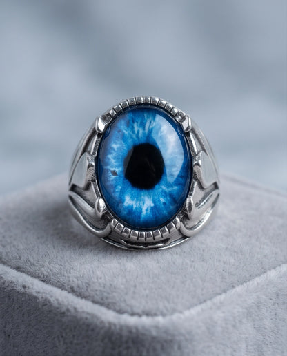 Sapphire Blue Evil Eye Cabochon Prong-Set Silver Ring