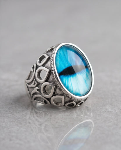 Azure Teardrop Filigree Slit-Pupil Silver Ring