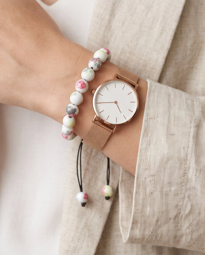 Cherry Blossom Patterned Ceramic Beaded Adjustable Macrame Bracelet