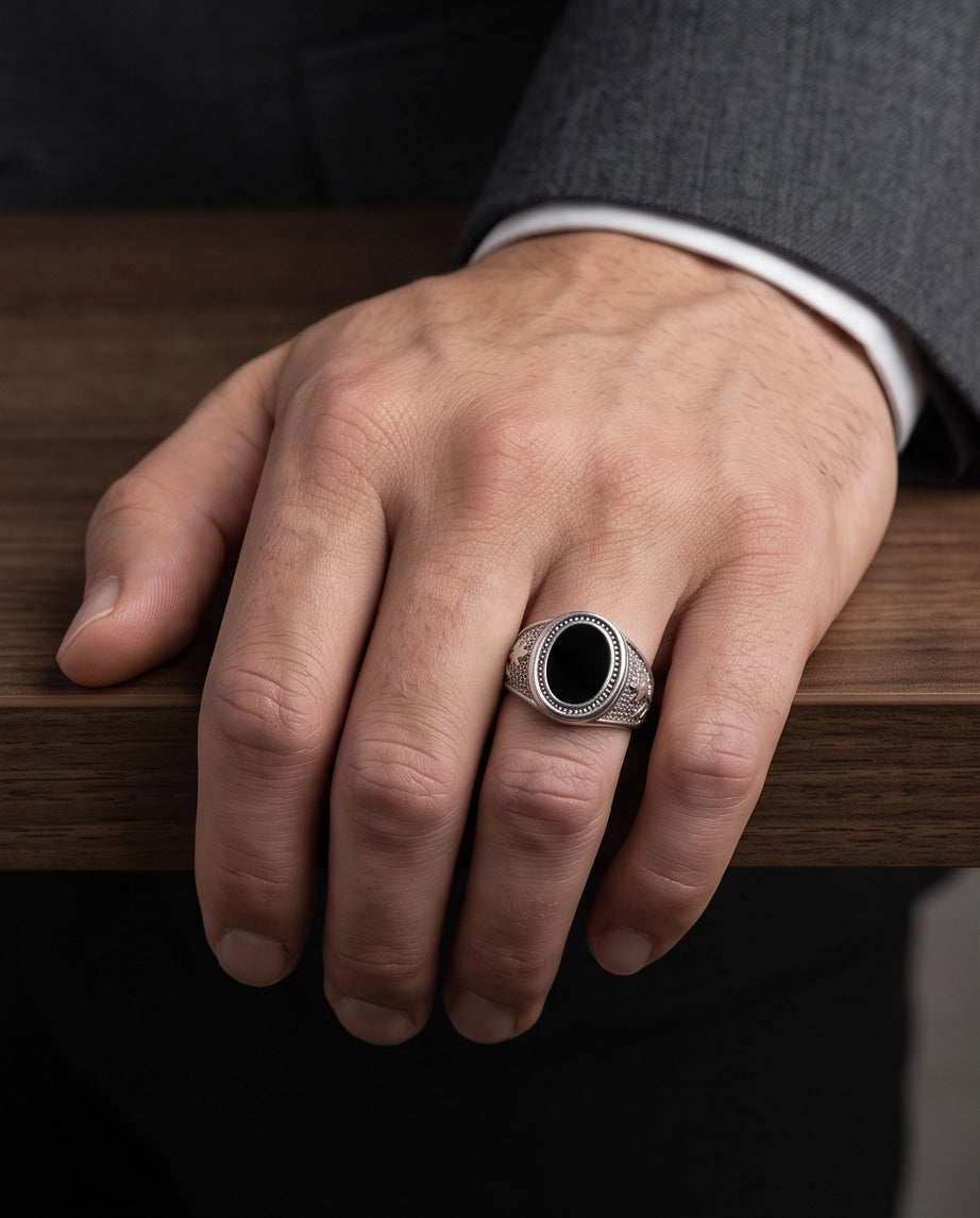 Celestial Oval Cabochon Starry-Night Stippled Silver Ring
