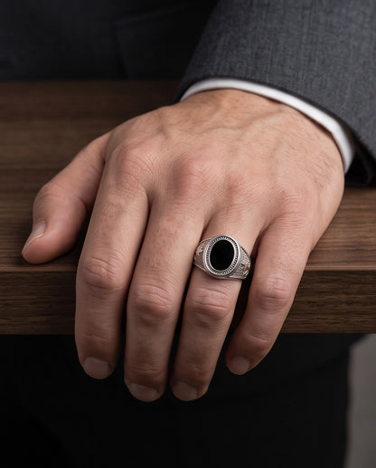 Celestial Oval Cabochon Starry-Night Stippled Silver Ring