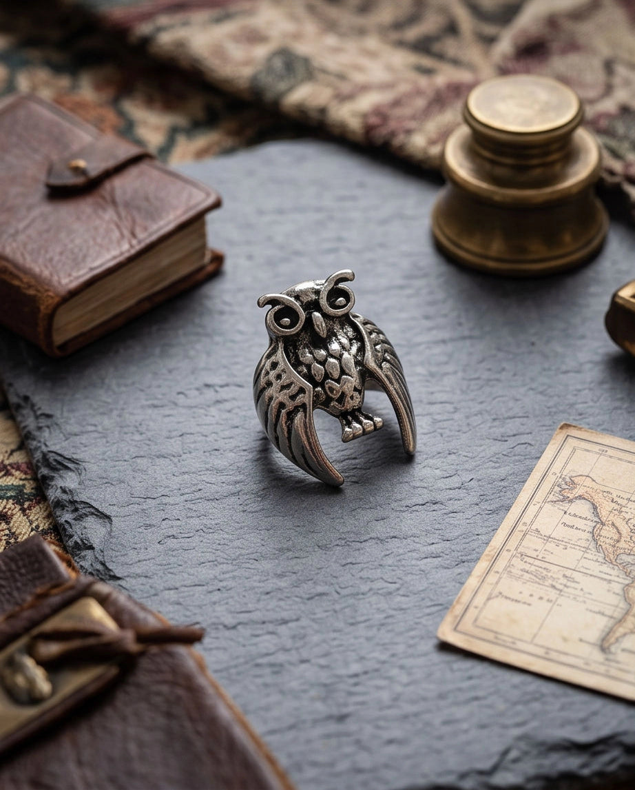 Oxidized Silver Sculpted Owl Statement Ring