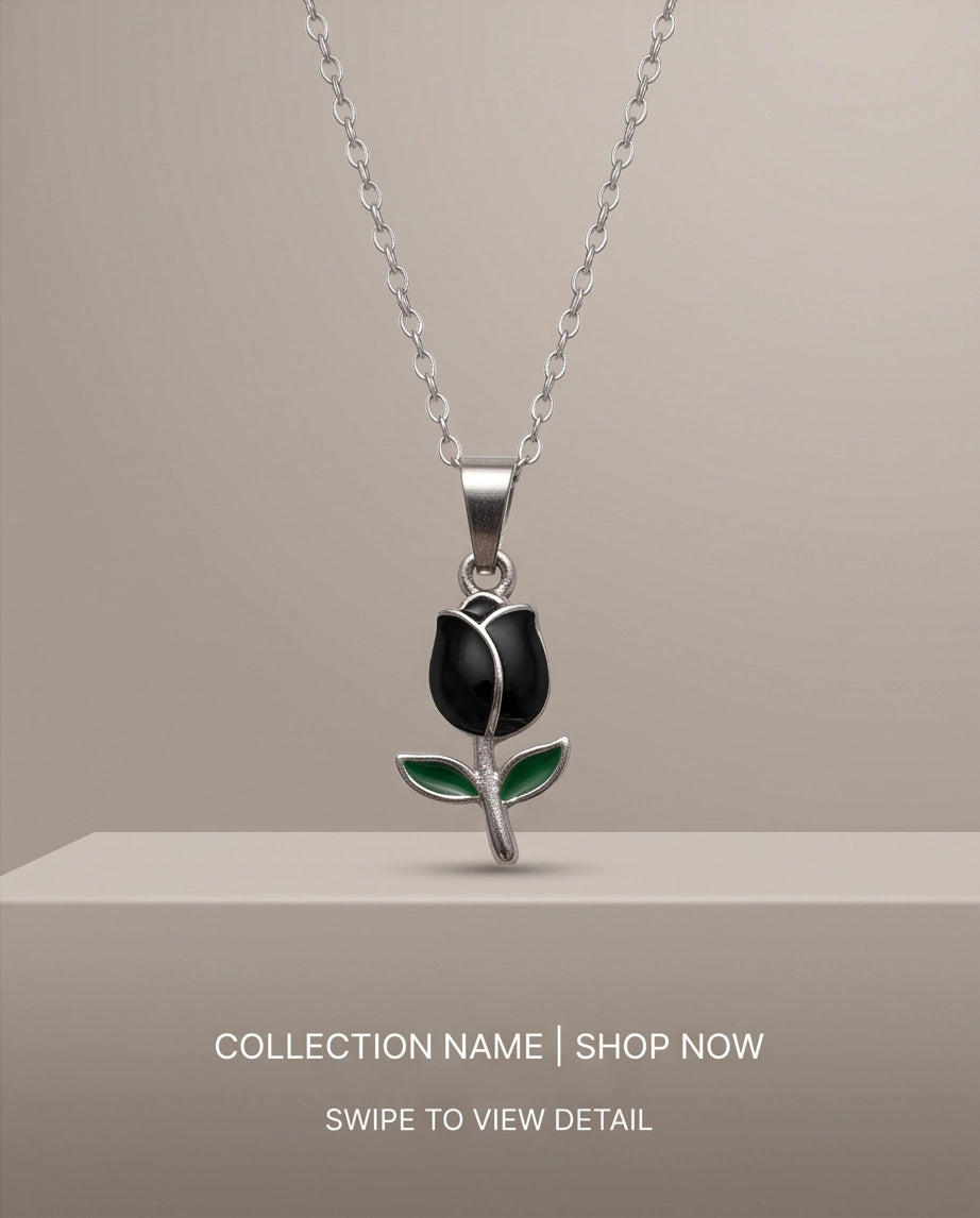 Silver Black Enamel Tulip Pendant Necklace