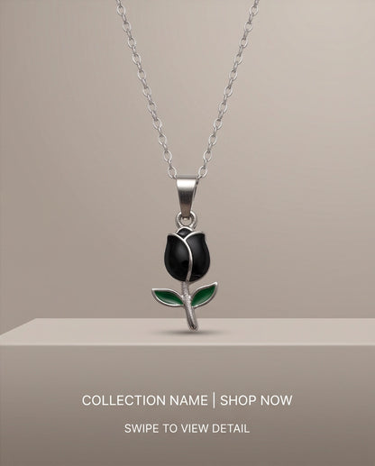 Silver Black Enamel Tulip Pendant Necklace